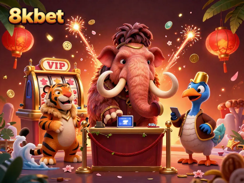 Join the excitement at 8xbet with our whimsical casino characters in an engaging scene filled with dynamic gaming elements.