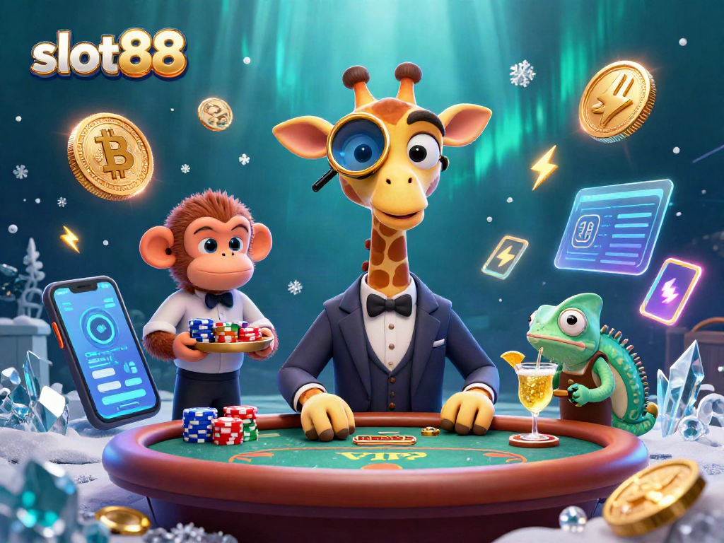 Experience the excitement of slot88 with a high-roller giraffe and vibrant casino elements.