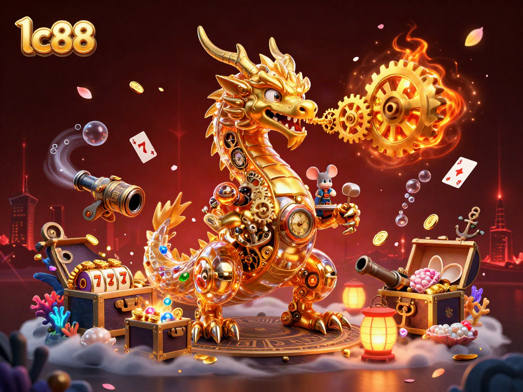 Engage with lc88's thrilling slot gaming realm featuring a golden dragon and dynamic treasures.