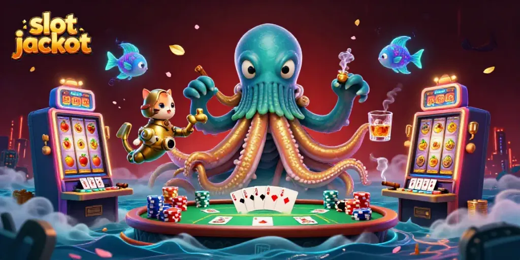 Experience the thrill of slot jackpot action with a kraken and diving cat amidst vibrant slot machines.