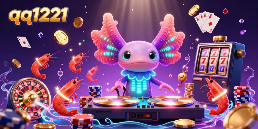 Experience thrilling wins with the vibrant qq1221 slot machine scene featuring a playful axolotl DJ and dynamic casino elements.