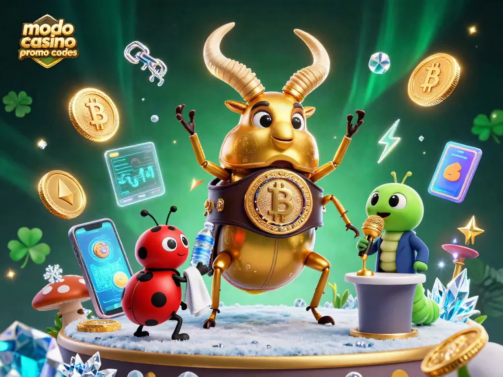 Explore modo casino promo codes revealing giant golden stag beetle boxing scene with vibrant casino elements.