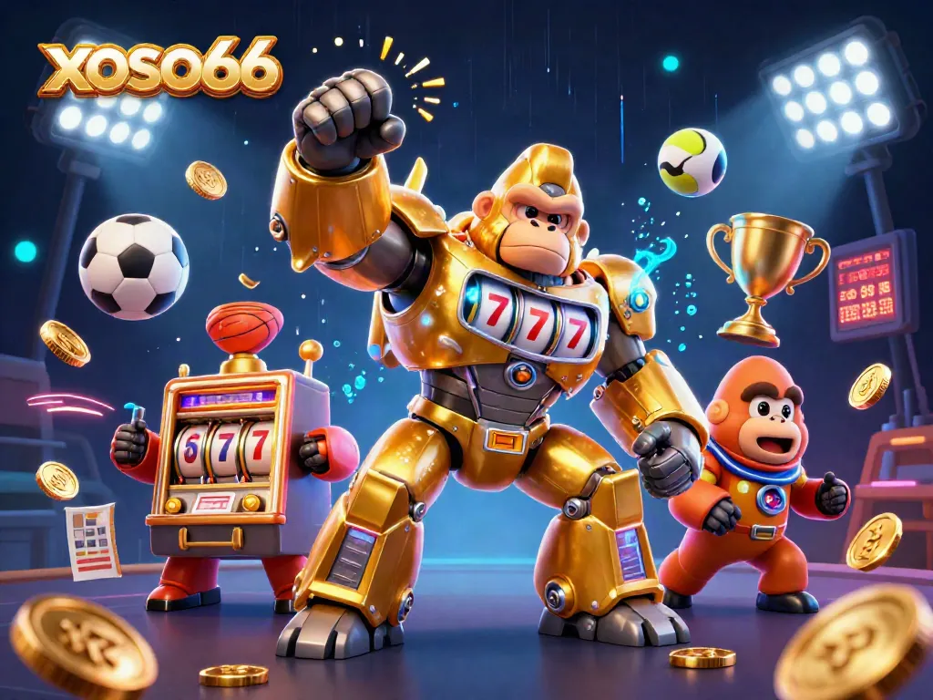 Xoso66 features a dynamic scene with a golden gorilla mech and sports elements boosting gaming excitement.