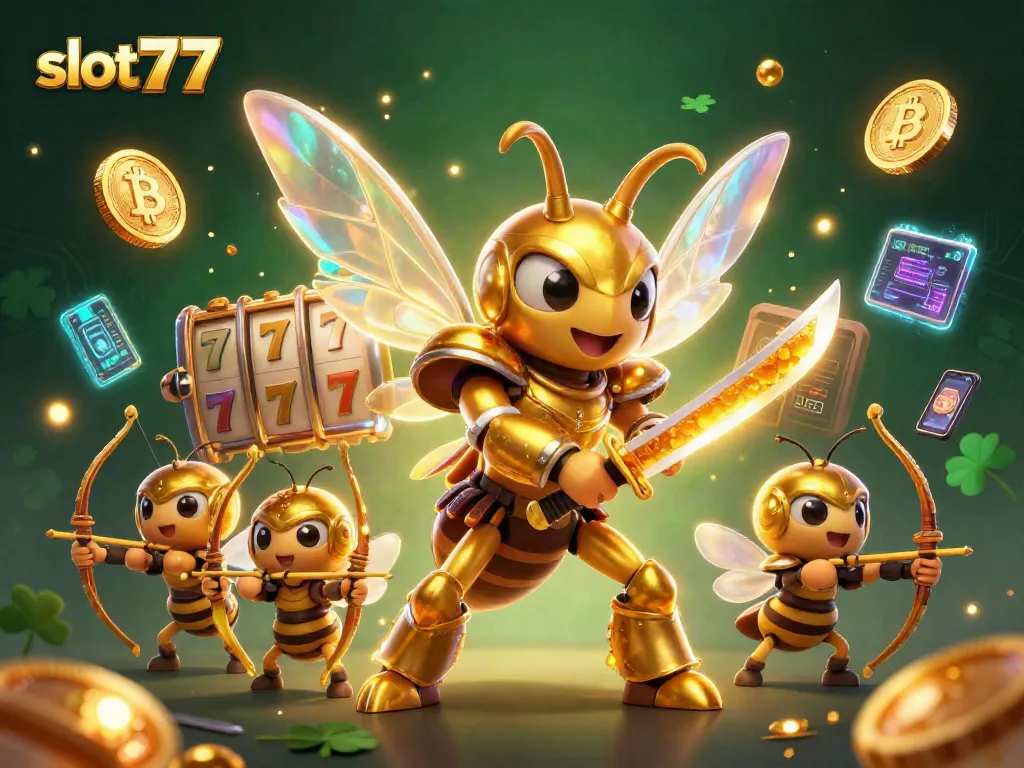 Permainan slot777 dengan simbol keberuntungan, jackpot, dan koin digital dalam ilustrasi 3D