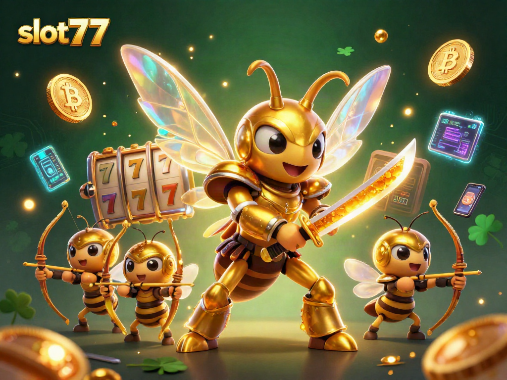 Permainan slot777 dengan simbol keberuntungan, jackpot, dan koin digital dalam ilustrasi 3D
