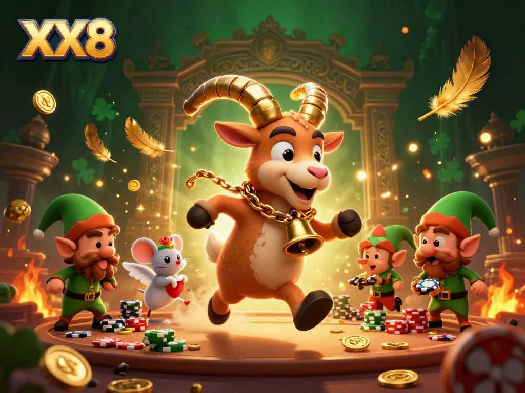 Experience XX8 with a festive casino ambiance featuring a Krampus goat and playful characters.