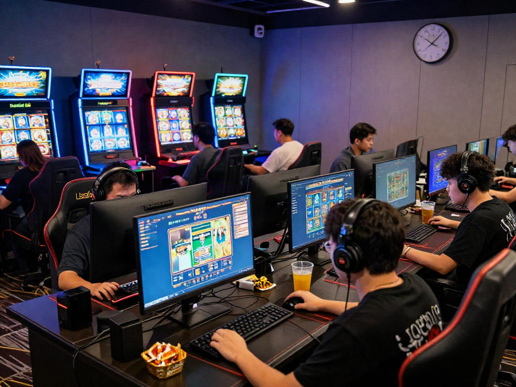 Penggemar gaming online bermain di platform badak168 dengan suasana seru dan lampu dinamis.