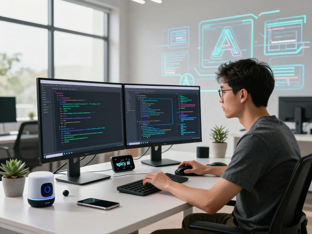 Developer coding 'spicy ai' algorithms in a modern tech workspace, featuring dual monitors and sleek gadgets.