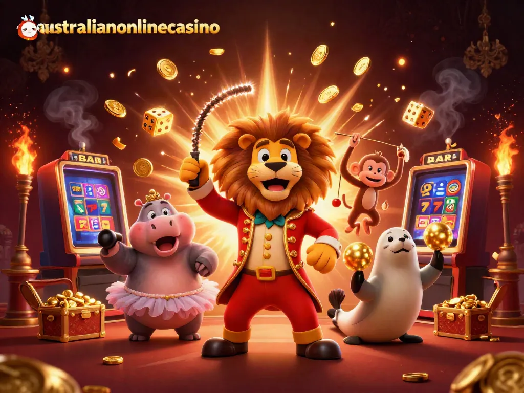 Catch the action at australianonlinecasino with a vibrant 3D circus scene full of thrilling casino elements.