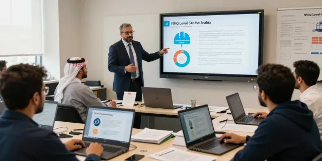 NVQ Level 6 in Saudi Arabia training scene with instructor and engaged participants in an online class.