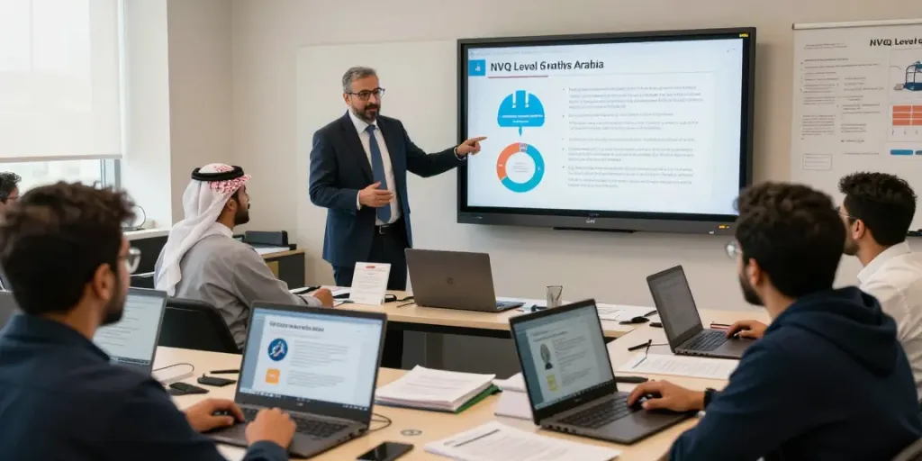 NVQ Level 6 in Saudi Arabia training scene with instructor and engaged participants in an online class.