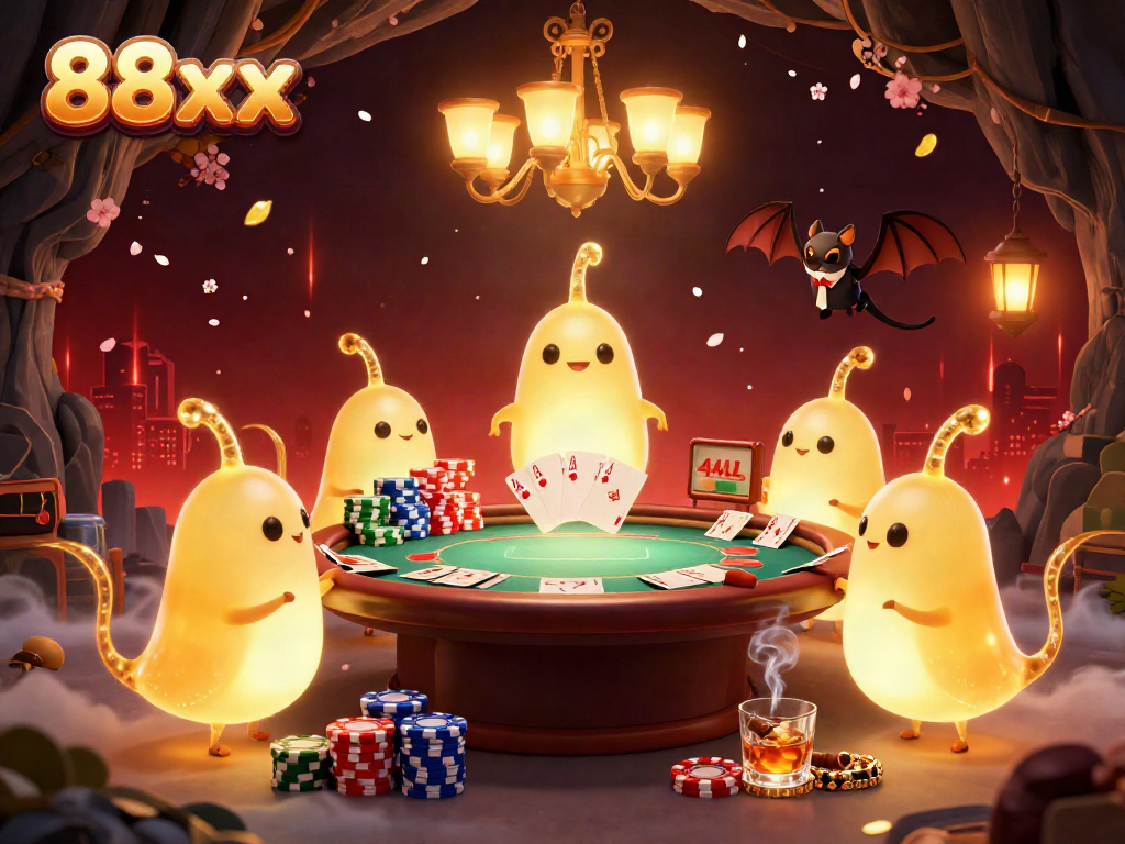 Engage in thrilling gameplay with 88xx - a vibrant 3D cave casino scene featuring glowing characters and poker elements.