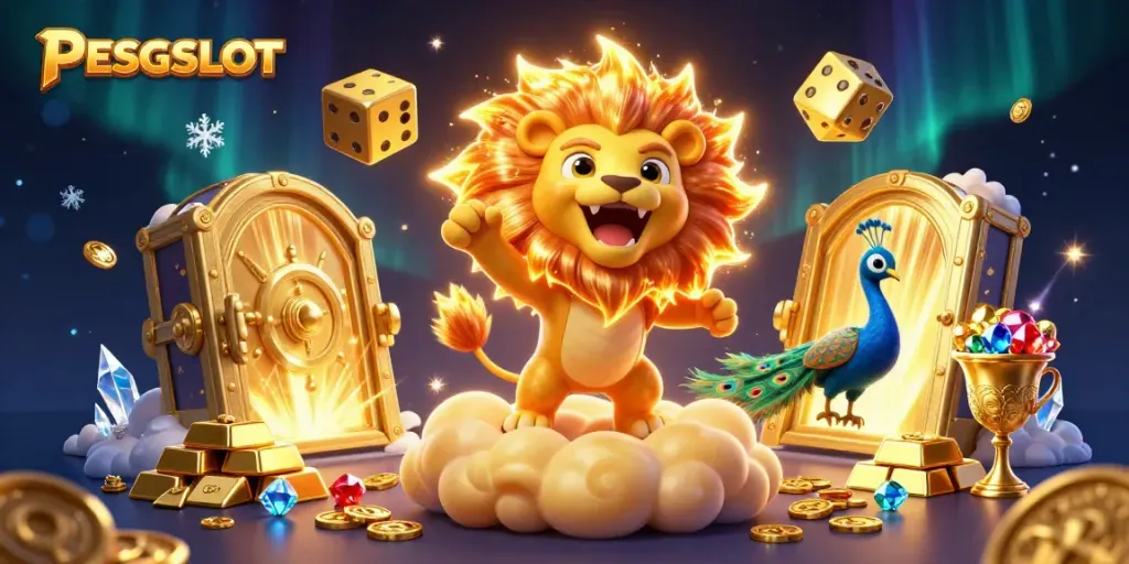 PESGSLOT showcases a vibrant casino scene with a roaring sun lion, golden dice, and sparkling treasures.