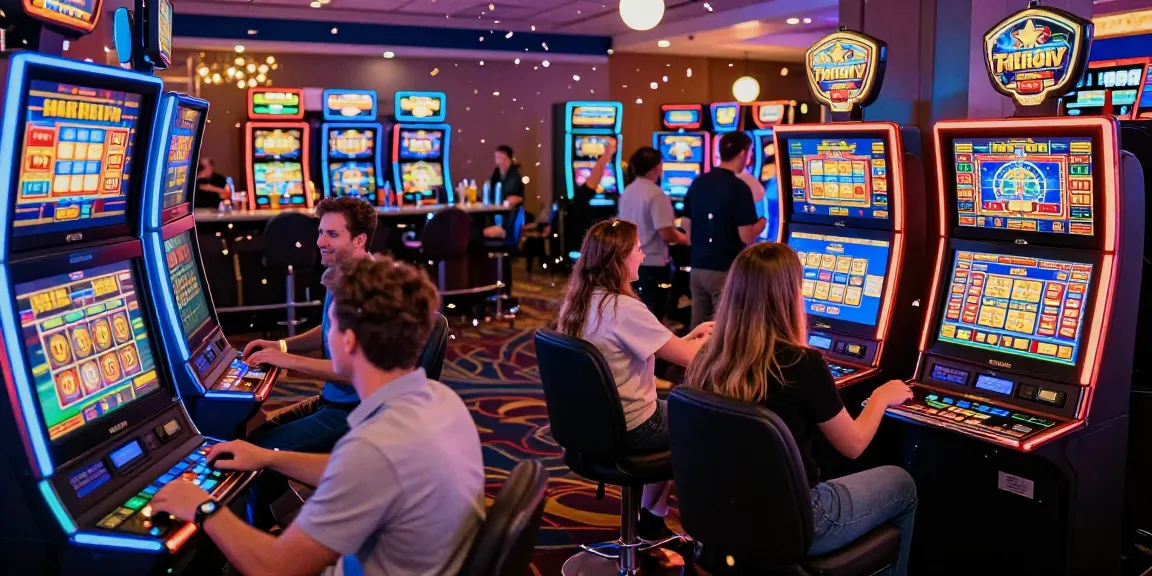 บรรยากาศการเล่นเกมคาสิโนที่สดใสใน joker123-slots.org/ นักเล่นเกมหลากหลายเชื้อชาติร่วมสนุกกับสล็อตแมชชีนที่มีแสงไฟสีสัน และเฉลิมฉลองการชนะอย่างมีความสุข