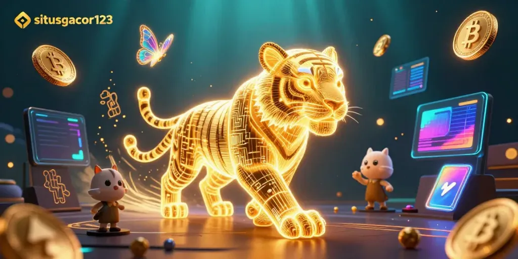 Experience the vibrant dynamics of situsgacor123 with a neon golden tiger in a digital casino landscape.