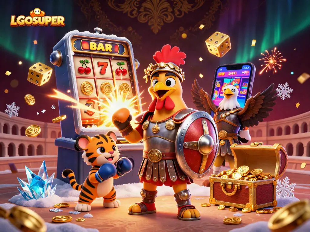 Engage with LGOSUPER's thrilling casino adventures featuring a rooster in armor and exciting jackpots.