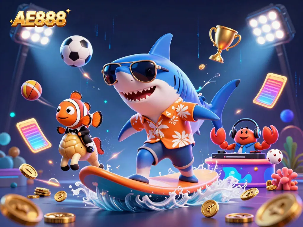 Experience thrilling action with AE888 as our shark hero surfs through a wave of gold coins, amidst vibrant game elements.