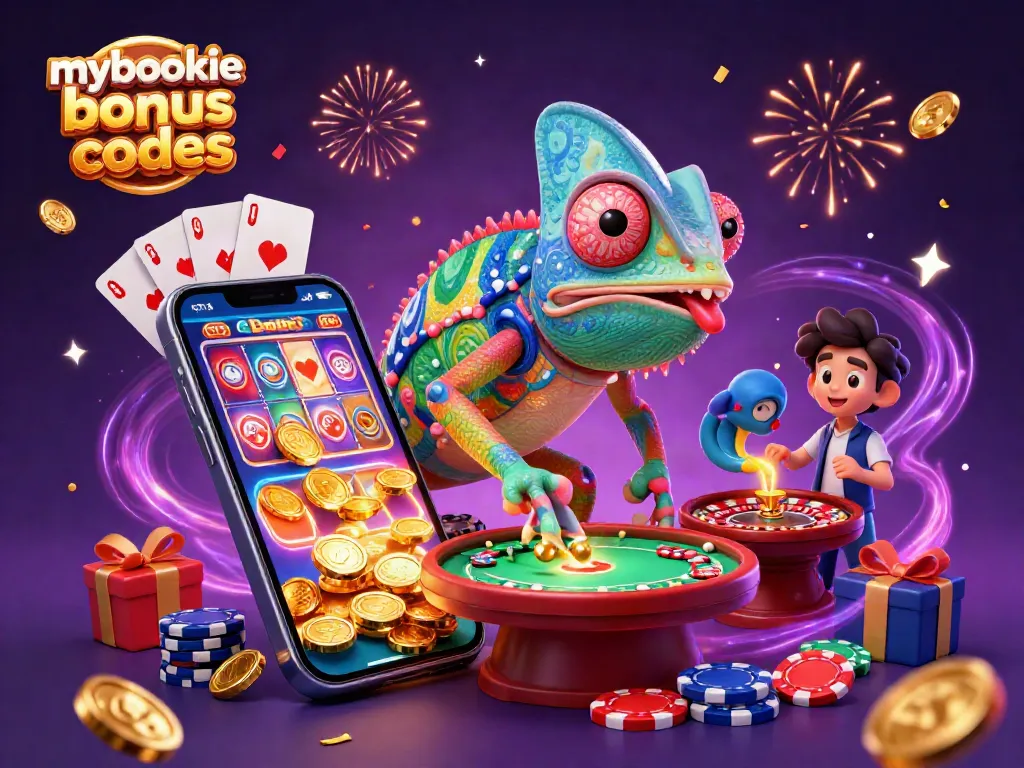 Engage with exciting mybookie bonus codes while a colorful chameleon casino owner displays winnings.