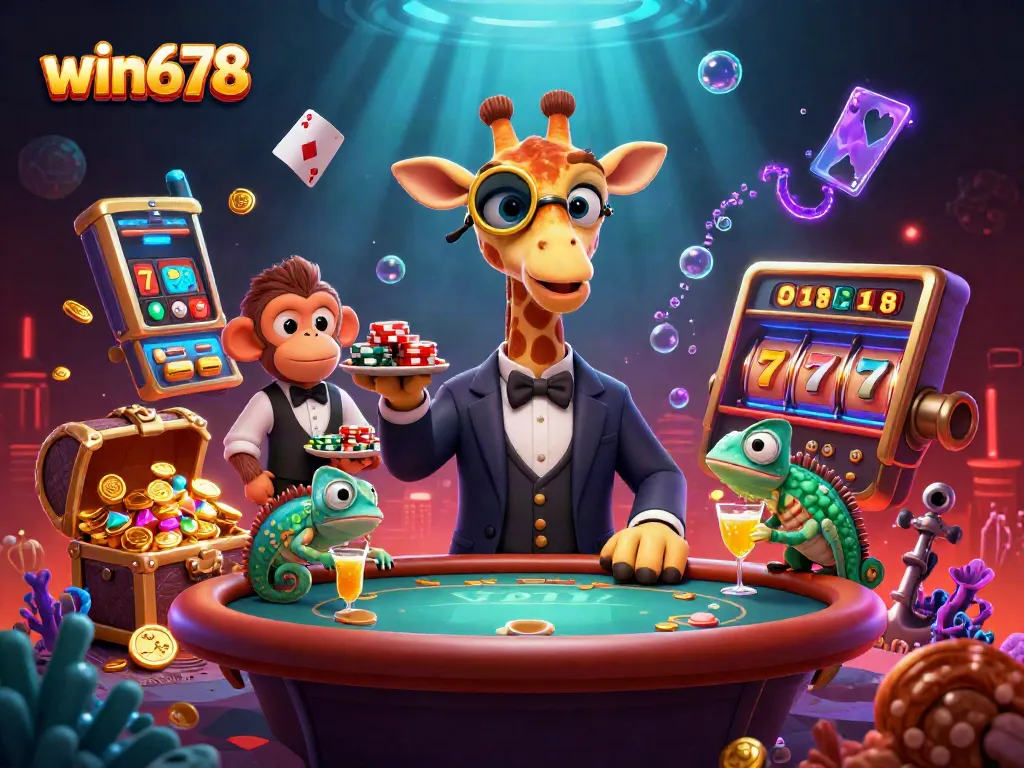 Experience thrilling wins at win678 with this vibrant casino scene featuring a high-roller giraffe and playful characters.
