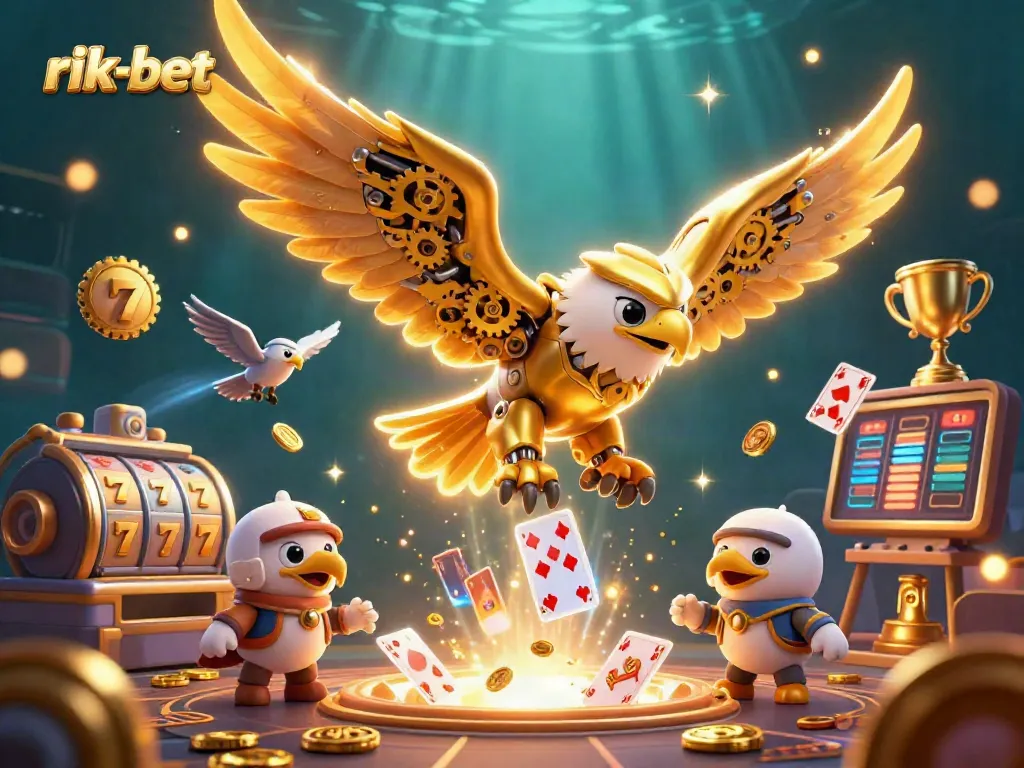 Experience thrilling gameplay with rik-bet's ultra-detailed casino adventure featuring a soaring golden eagle and vibrant slot elements.