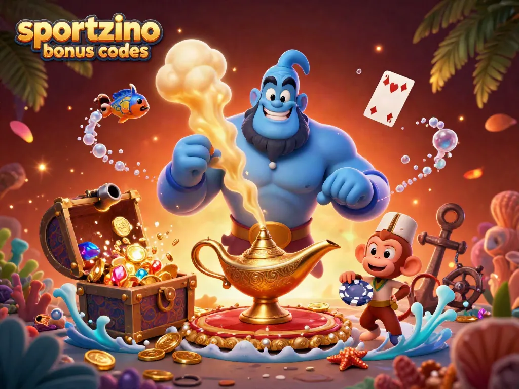 Engage with sportzino bonus codes while enjoying a vibrant scene of a genie offering treasures, poker chips, and glowing elements.
