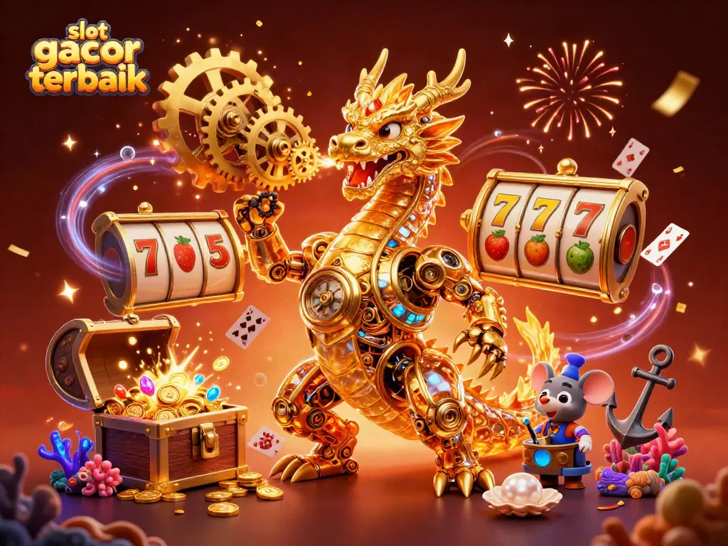 Menggali slot gacor terbaik dengan karakter naga emas mekanis yang menyemburkan roda slot dan perhiasan, dikelilingi gemerlap koin emas.