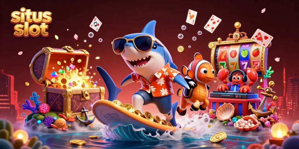Gambarlah situs slot dengan karakter hiu kartun yang menakjubkan menyelam ke tumpukan koin emas.
