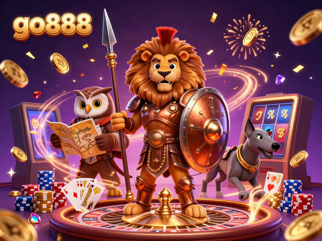 Experience excitement with go888 in this vibrant casino illustration featuring a Spartan lion and treasure.