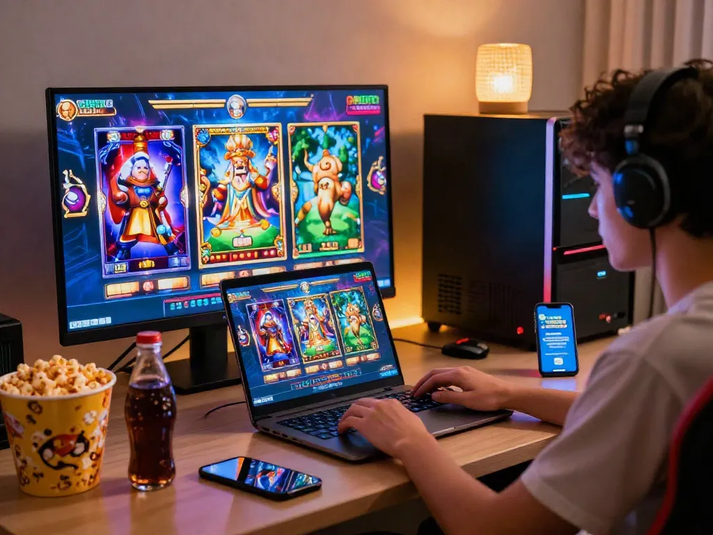 Enthusiastic player immersed in a colorful slot game atmosphere at home, featuring vibrant gaming elements.