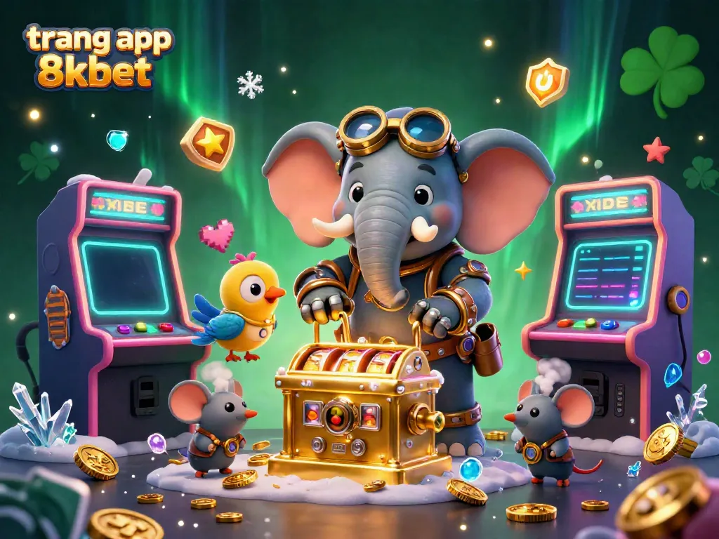 Play thrilling games on the trang app 8xbet with a vibrant, dynamic casino atmosphere featuring slot machines and characters.