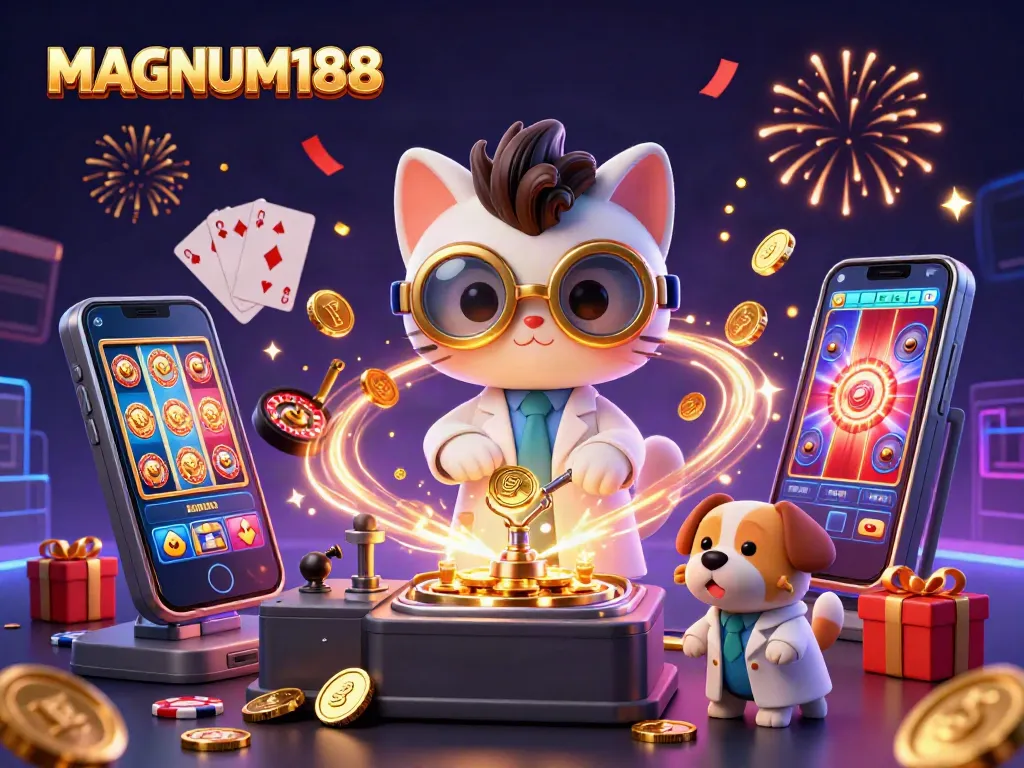 Experience the thrill of MAGNUM188 with a 3D cartoon scene featuring a mad scientist cat and lab assistant amidst slot games and gold coins.