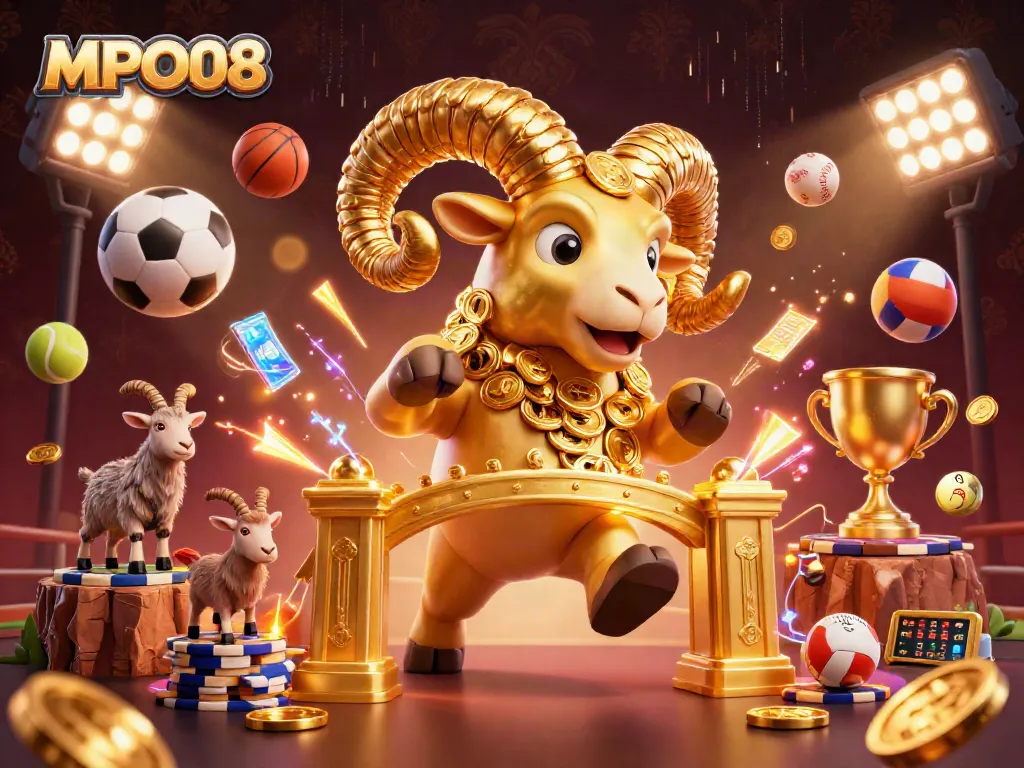 MPO08 showcases a dynamic scene of a golden ram charging at a golden gate, modeled for an exciting online casino experience.