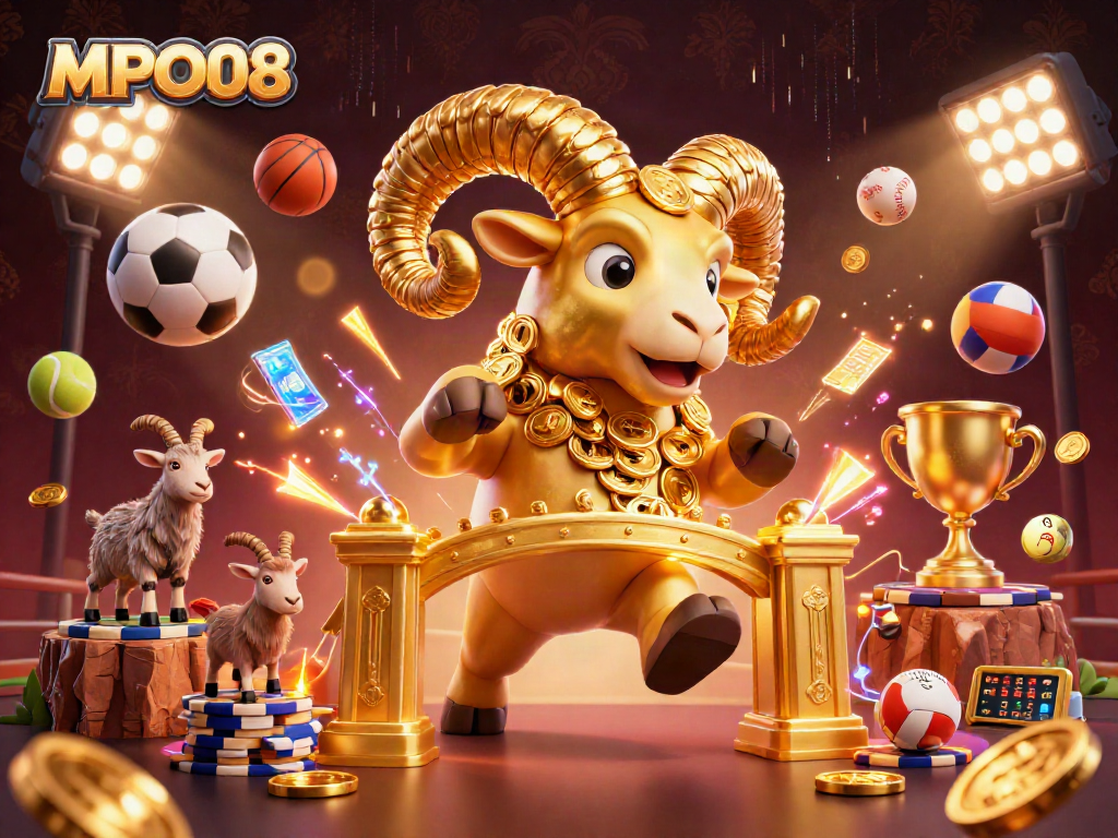 MPO08 showcases a dynamic scene of a golden ram charging at a golden gate, modeled for an exciting online casino experience.