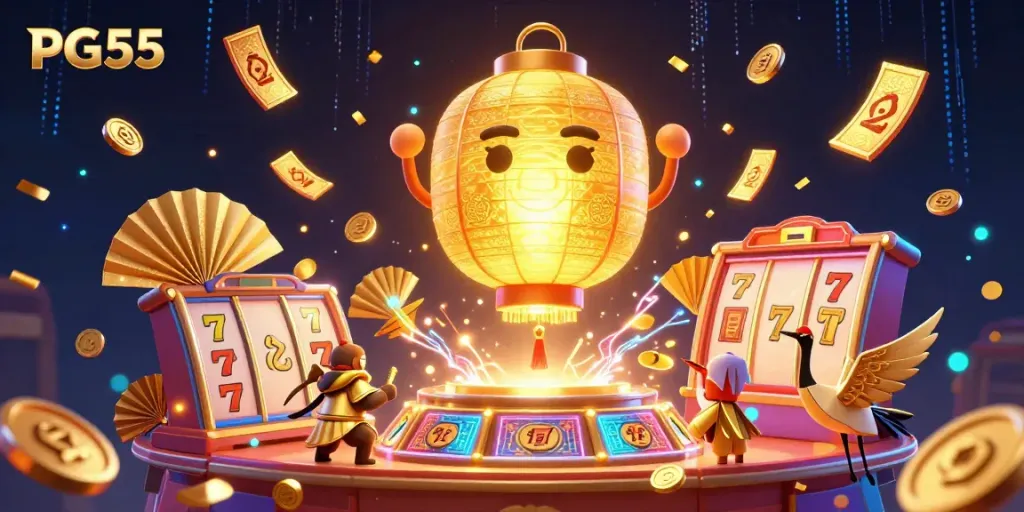 Engage with PG55's vibrant casino atmosphere featuring lucky symbols, golden lanterns, and dynamic prizes.