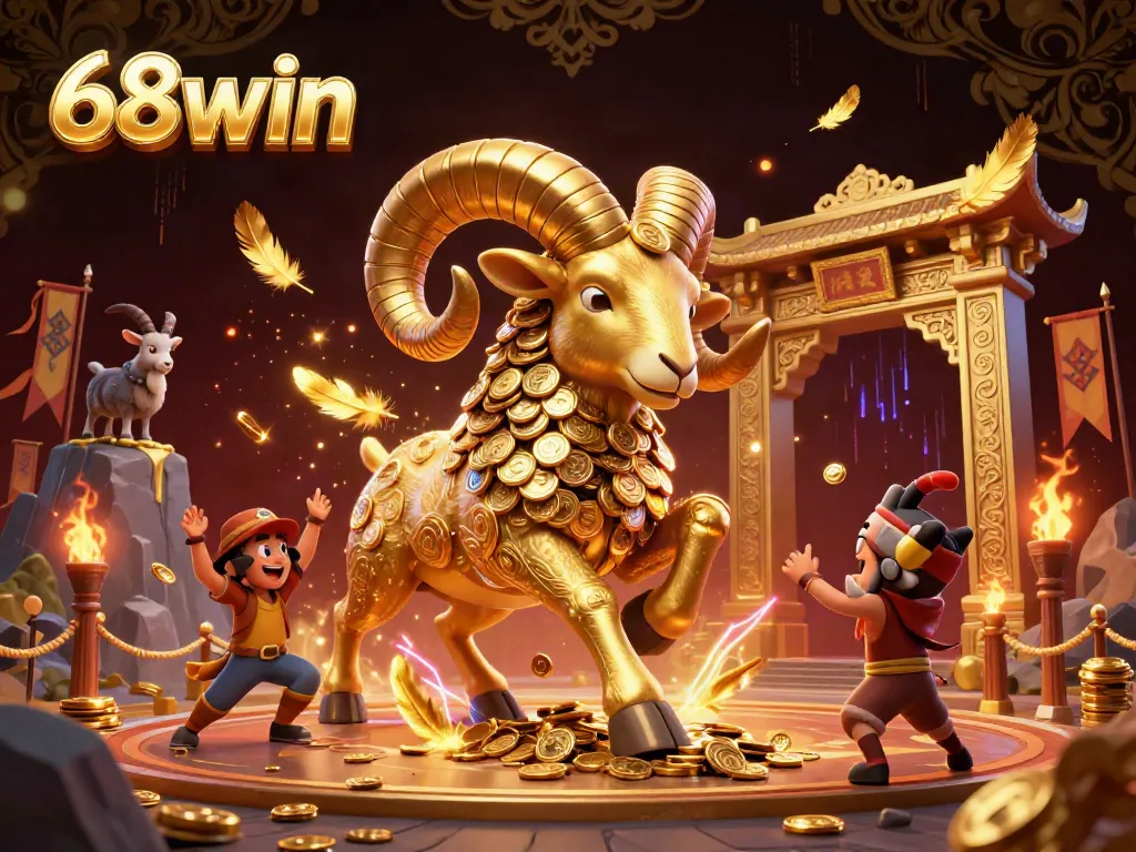 Experience thrilling 68win action with a golden ram charging through a lavish casino-themed arena filled with energy and excitement.