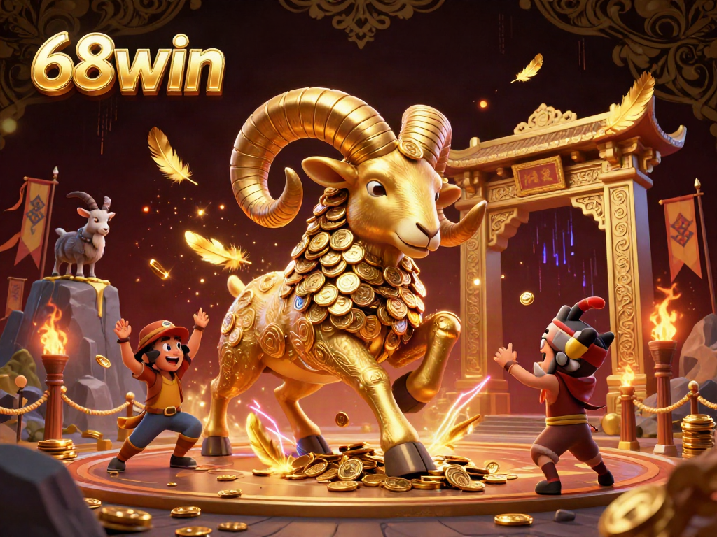 Experience thrilling 68win action with a golden ram charging through a lavish casino-themed arena filled with energy and excitement.