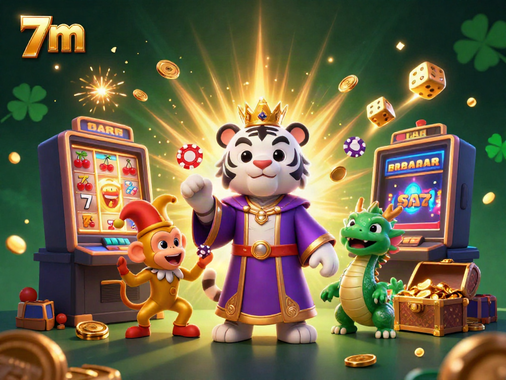 Engage with the thrilling 7m casino experience featuring a royal tiger, energetic jester, and jade dragon amidst jackpot wins.