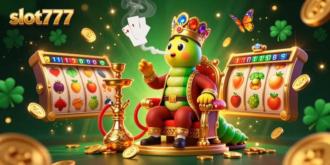 Experience the excitement of slot777 with a vibrant casino-themed illustration featuring animated slot reels and a unique caterpillar character.