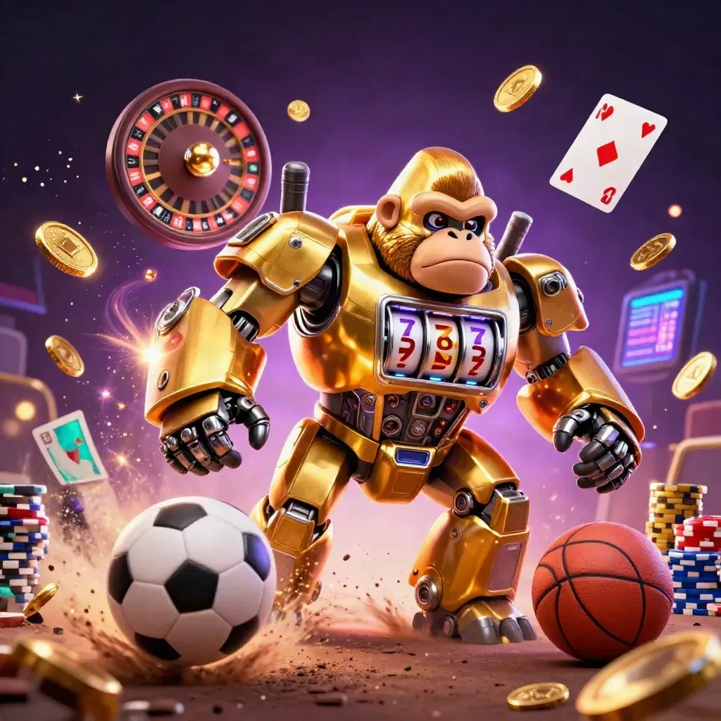 Golden gorilla slot mech blasts a soccer ball amid coins, gems, chips and purple casino light