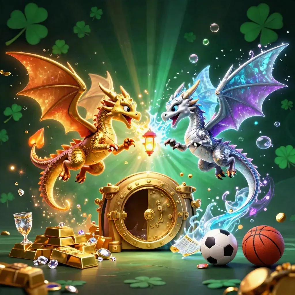 Gold and silver dragons swirl around treasure, balls, gems, and glowing casino effects.