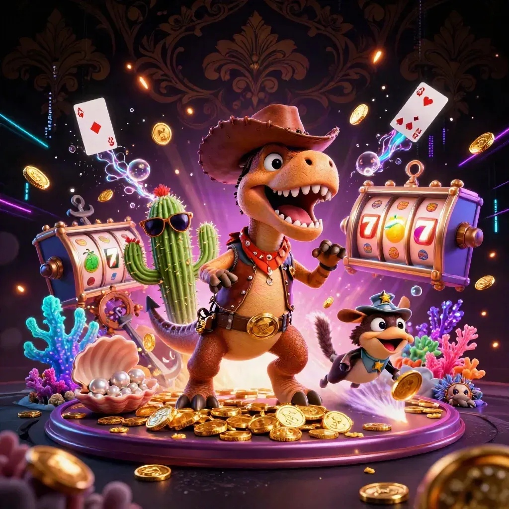 Three cartoon casino heroes burst from a treasure cove amid glowing reels, gold, and purple neon.