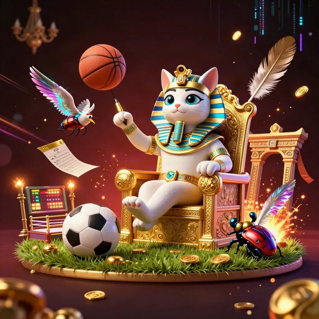 Pharaoh cat, ibis scribe, and gem-winged scarabs amid flying balls, coins, and neon casino glow