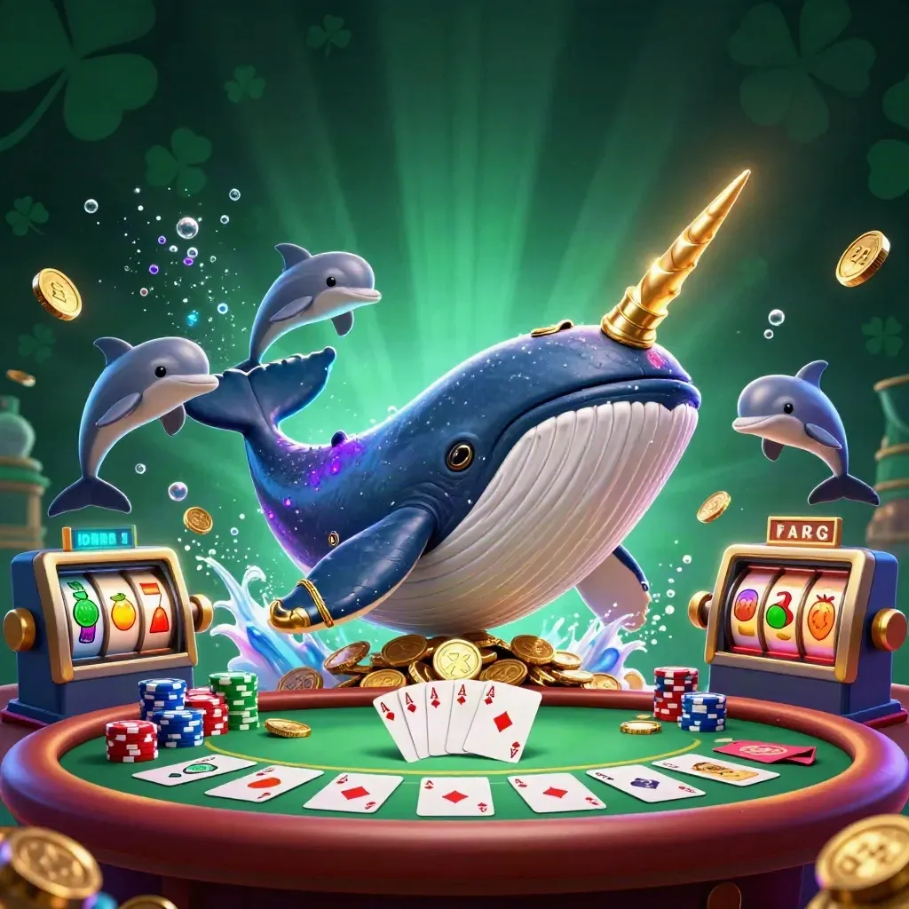 Whale captain, narwhal, and dolphins burst through coins with poker and slot symbols in neon glow.