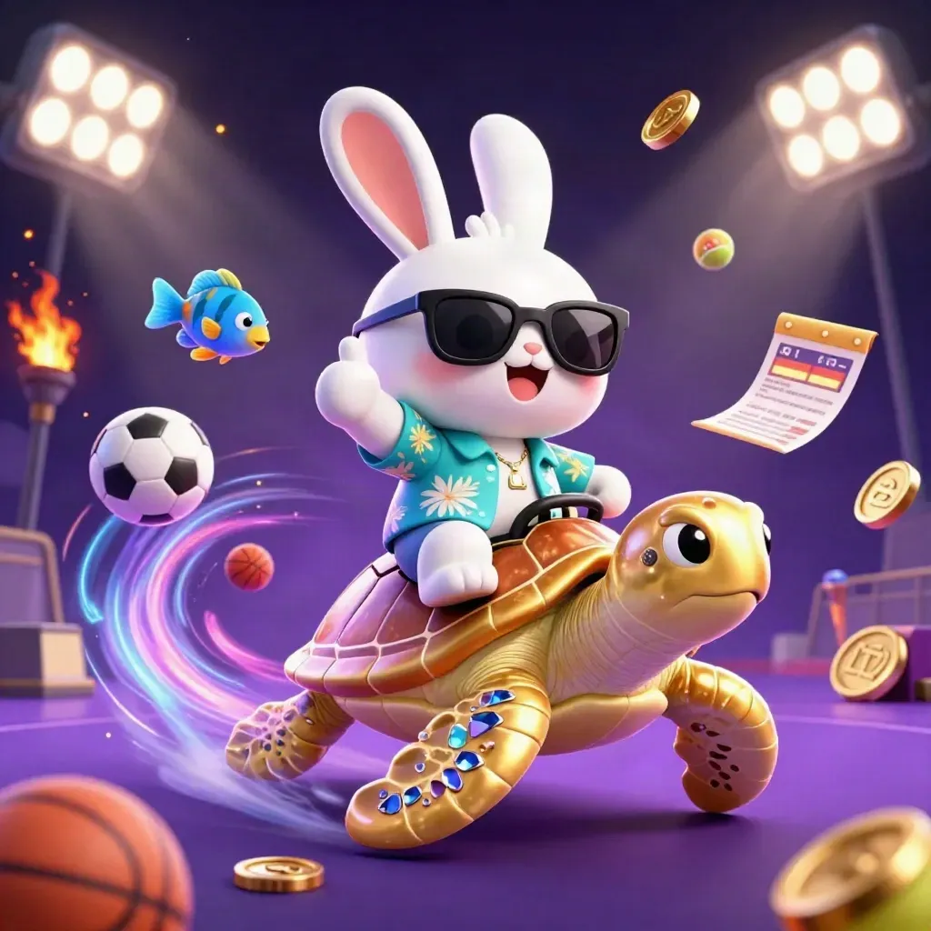 Lucky rabbit on gem turtle amid sports balls, trophy, coins, and stadium lights, casino fantasy art