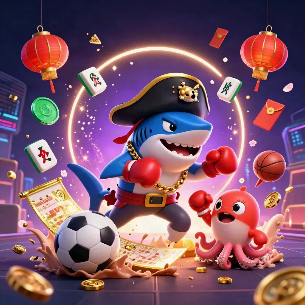 Pirate shark, boxing pufferfish, and coin-juggling octopus blast past a soccer ball and basketball.