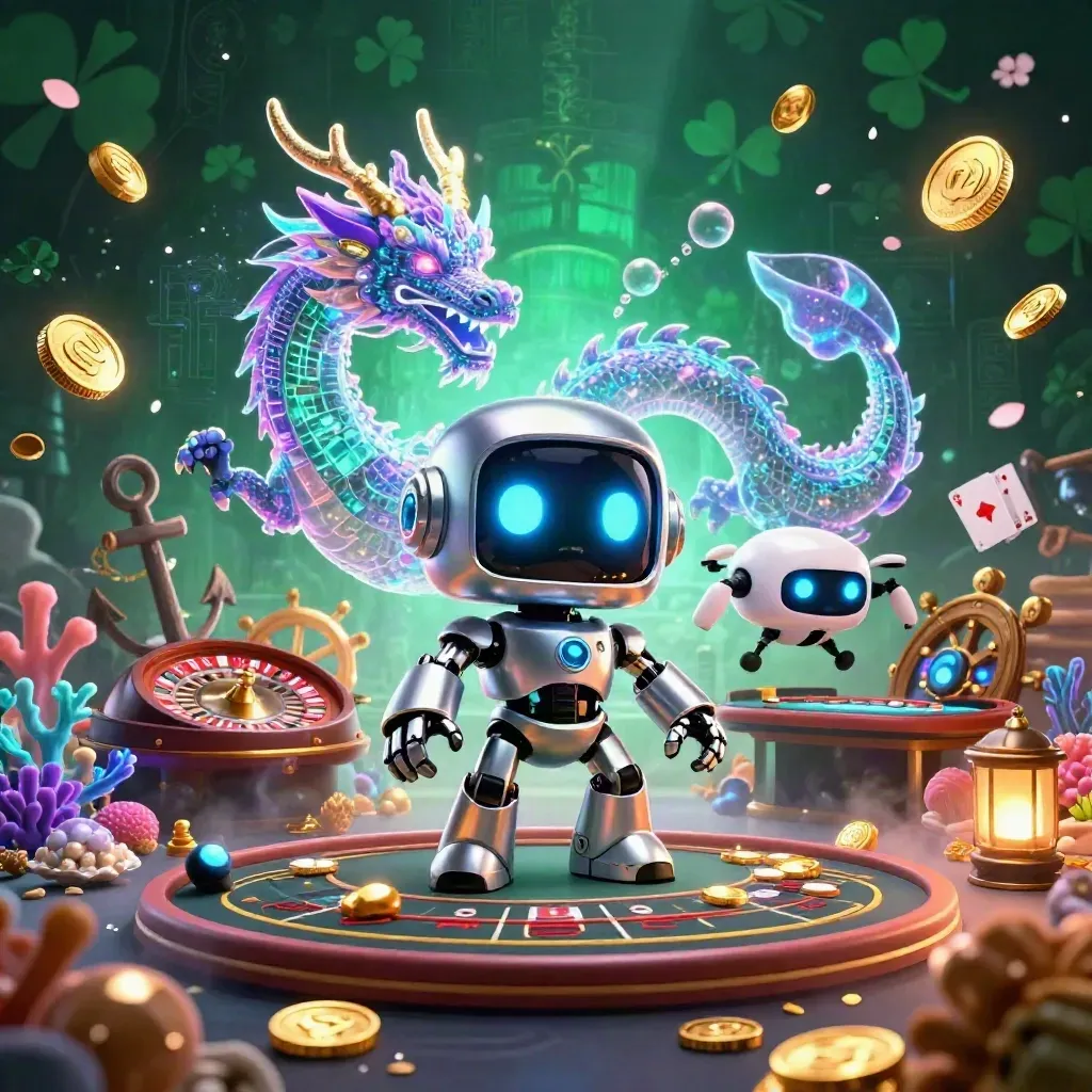 Cyberpunk robot, hologram dragon, and coin drone in a jeweled casino treasure cove.