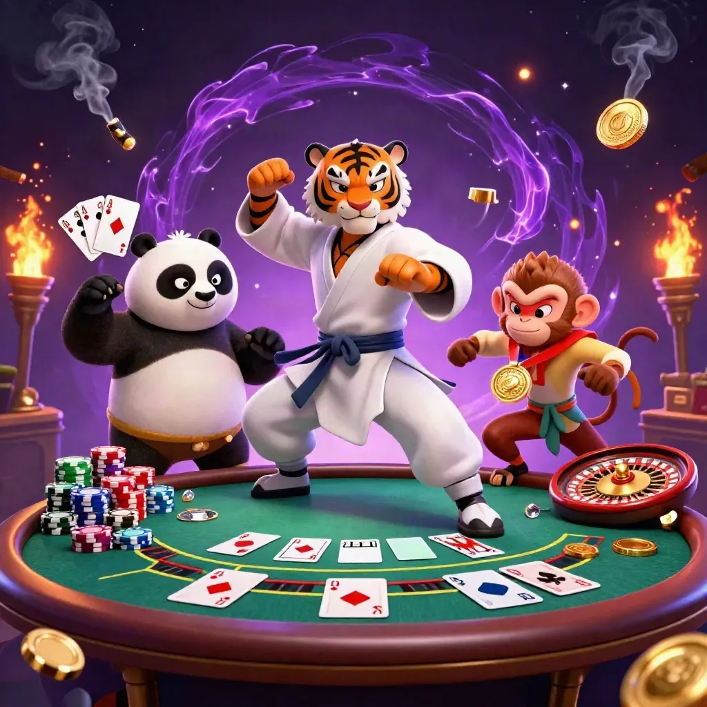 Kung-fu tiger, panda, and monkey in a neon casino with cards, chips, and a spinning wheel