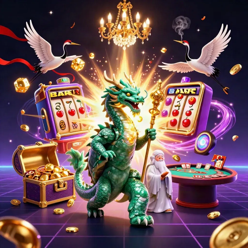 Emerald dragon, turtle sage, and cranes amid casino magic, slot burst, gold fire, and neon lights.