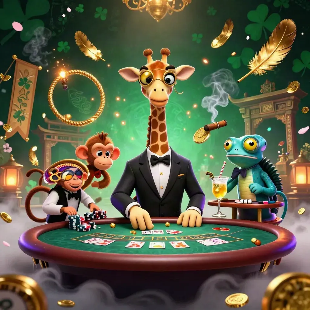 Giraffe high roller, monkey valet, and chameleon bartender in a luxe glowing casino room.