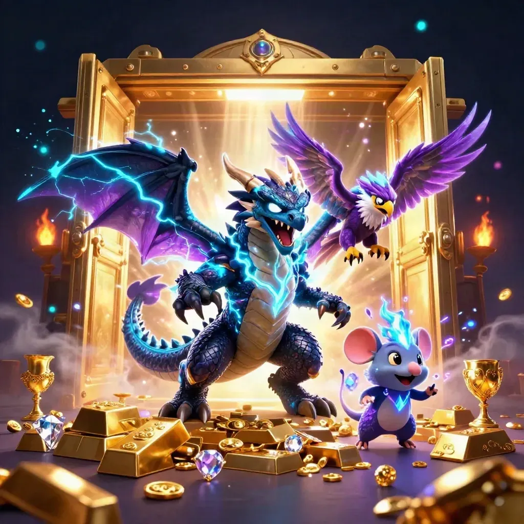 Thunder dragon, glowing hawk, and static mouse burst from a gold vault with gems and lightning.
